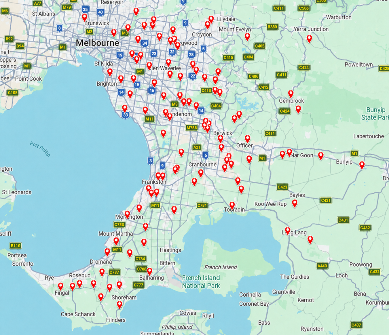 Map showing completed MD Painting house painting projects across Melbourne, the South Eastern Suburbs, Eastern Melbourne and the Mornington Peninsula